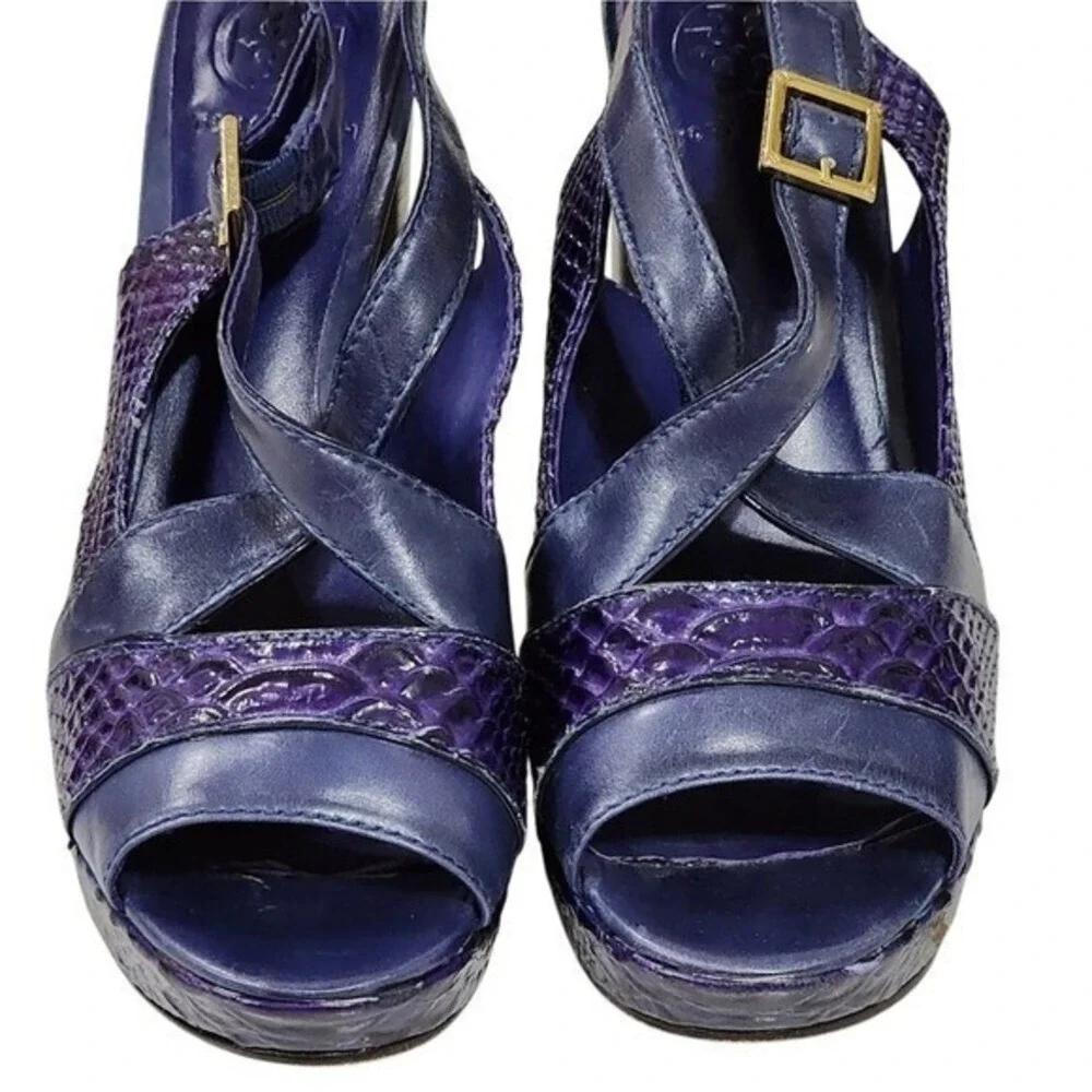 Tory Burch Purple‎ Snakeskin Leather Slingback Platform Block Heel Sandals